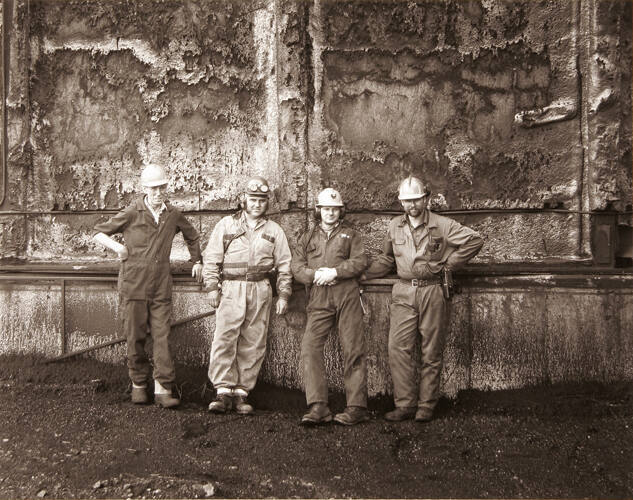 CORNELIUS BAX, JANITOR, BOB PORSNUK, WELDER, DUANE GUBBE, MILLWRIGHT AND ERIC SATRE, ELECTRICIAN, LUSCAR COAL MINE CARDINAL RIVER, 1991