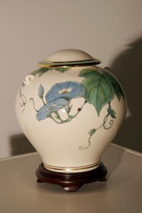 JAR WITH MORNING GLORIES, DRAGONFLY AND LADY BUGS