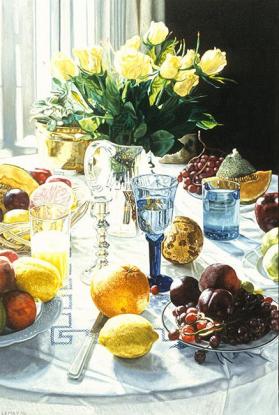 WINTER STILL LIFE WITH FRUIT AND YELLOW ROSES